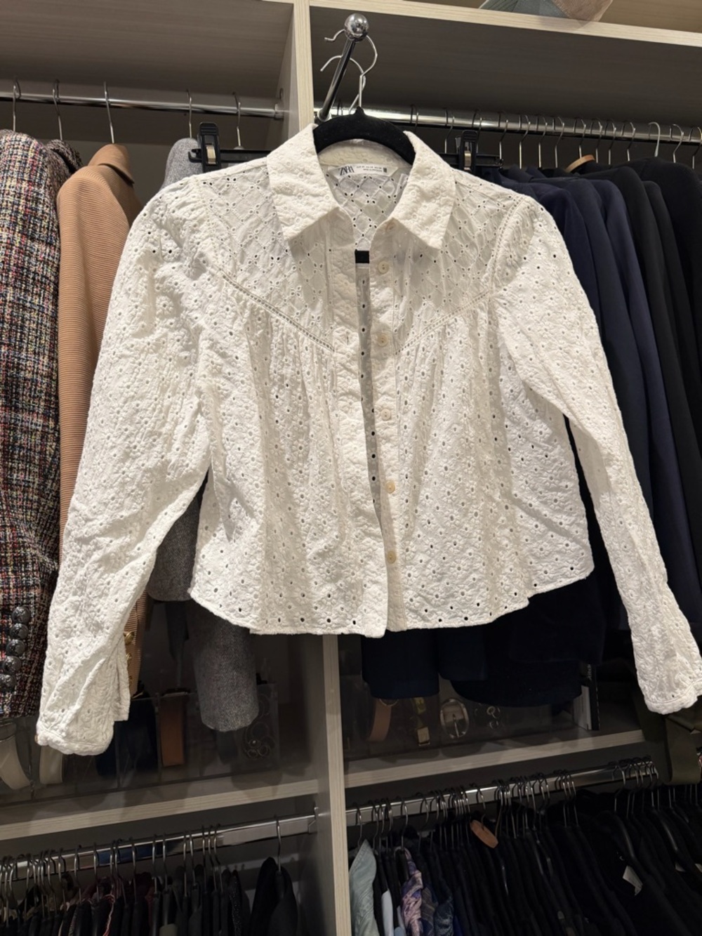 Zara White Eyelet Lace Button-Down Blouse
